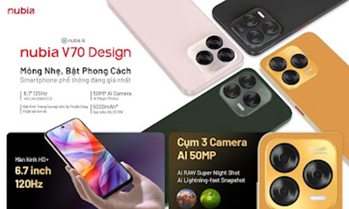 ZTE giới thiệu bộ đôi nubia V70 Design & nubia V70 Max với thiết kế thời thượng, bền bỉ vượt trội, hỗ trợ NFC cùng loạt công nghệ cao cấp với giá chỉ từ 2.390.000 đồng